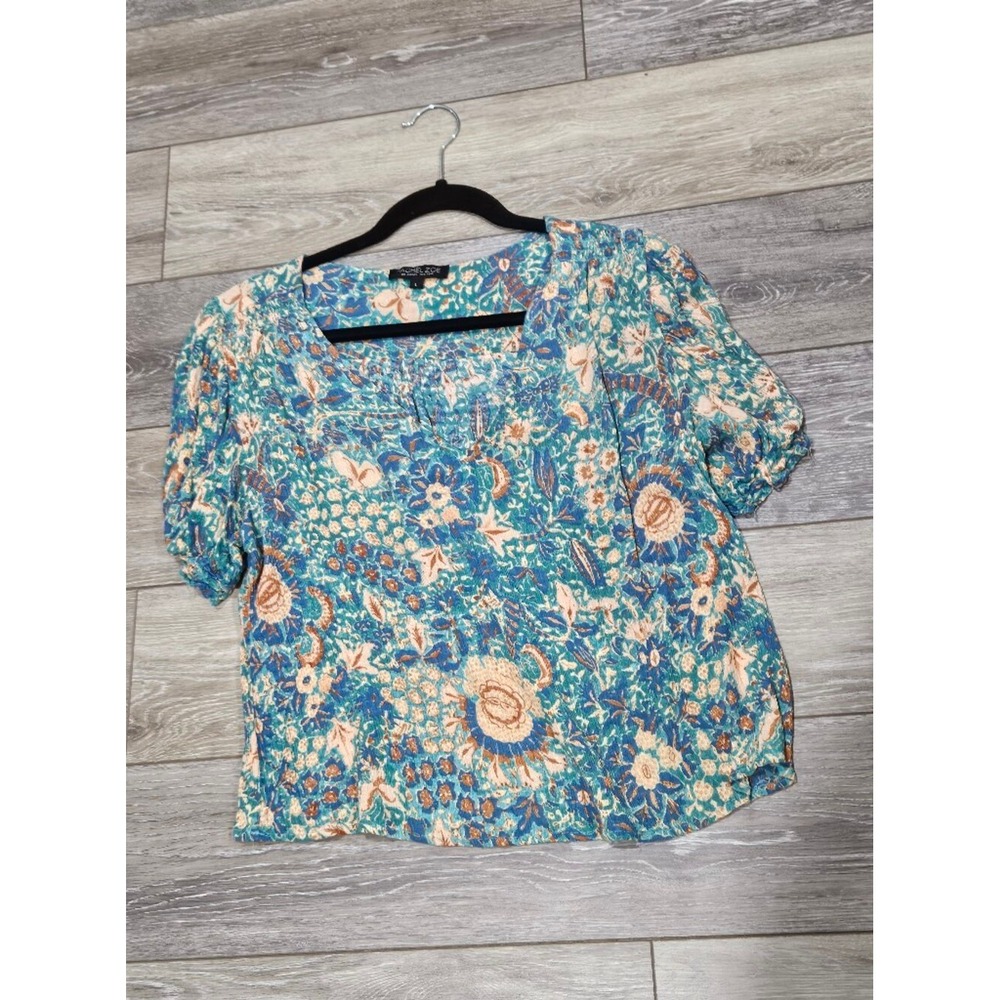 Rachel Zoe Teal Floral Short-Sleeve Blouse Size Large